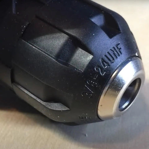 Close-up of 3/8 inch chuck from Right Angle Drill Attachment With 3 Eighth Inch Chuck And 6 Sided Hex Shank, 90 Degree Drilling Adapter.