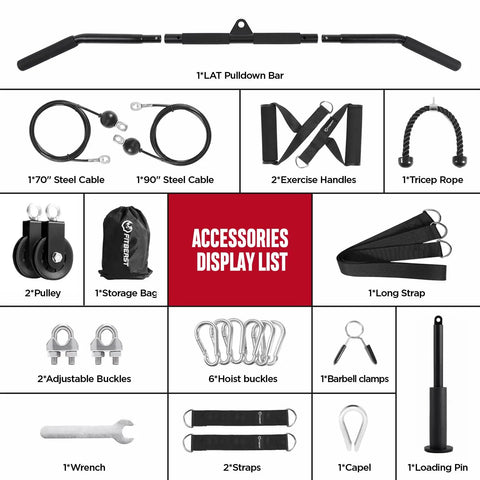Accessories for Beast Mode Heavy Duty Cable Pulley System For Home Gym, including lat bar, cables, handles, pulleys, storage bag.