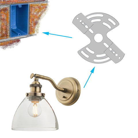 Adjustable Ceiling Light Mount Crossbar With Screws And Nuts Go To Fixture Bracket For Wall Or Ceiling Installations close-up with sconce and junction box