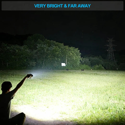 Rechargeable UV Flashlight 3 In 1 Black Light LED Tactical Flashlight illuminating a field at night, 2000 lumens, zoomable beam.