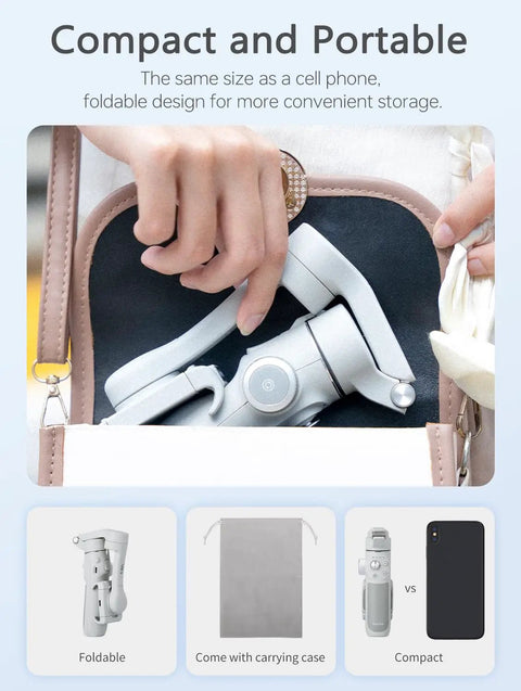 8.4 Inch Extendable Smartphone Gimbal With AI Tracking And Gesture Control folded in a bag