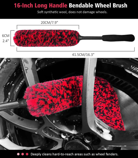 Six Piece Motorcycle Cleaning Kit With Boar Hair Detailing Brush Pro Safe For Chrome, Chains, Tires And Engine, bendable wheel brush