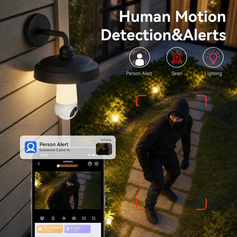 Straight Fire 2K Light Bulb Camera With Full Sweep Panning And Dead Reliable Dual Band Wifi For Home Security capturing human motion detection alert.