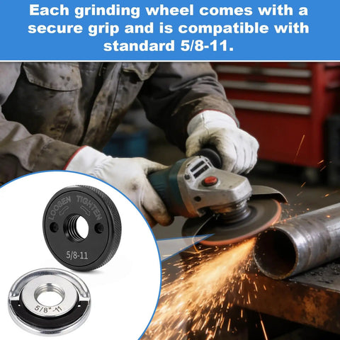 Two Pack 5/8-11 Angle Grinder Flange Nuts With Quick Release D Ring Lock Nut and Knurled Arbor Nut in use for metal cutting