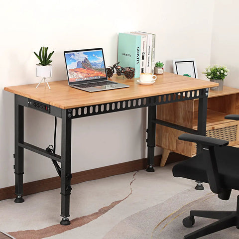 48 Inch Adjustable Workbench With Power Outlet, Heavy Duty 2000 Lb Load Capacity, hardwood top, steel frame in office setup