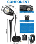 All In One Low Voltage Landscape Lights Kit With Quick Plug And Play Setup, spotlight dimensions, components highlighted