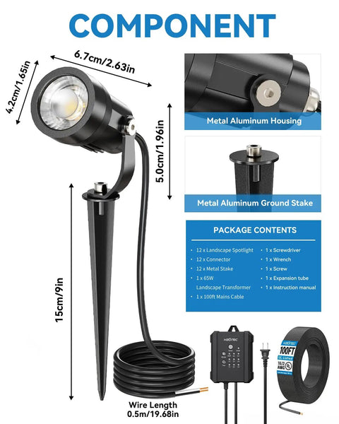 All In One Low Voltage Landscape Lights Kit With Quick Plug And Play Setup, spotlight dimensions, components highlighted