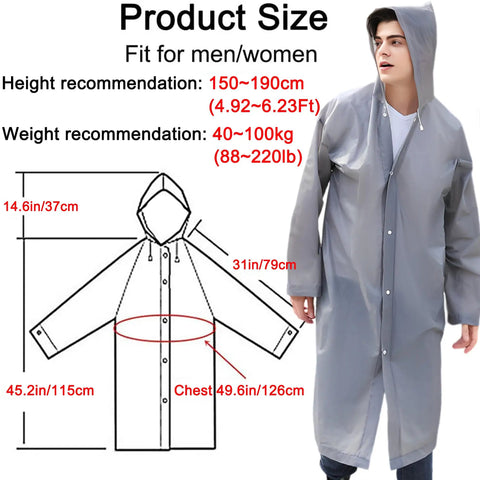 Ultra Lightweight Reusable Rain Ponchos For Adults 2 Pack With Hood Unisex Waterproof Rain Gear size guide illustration