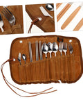 Outdoor Dining Kit Stainless Steel Camping Tableware Set with spoons, forks, knives in a portable brown pouch