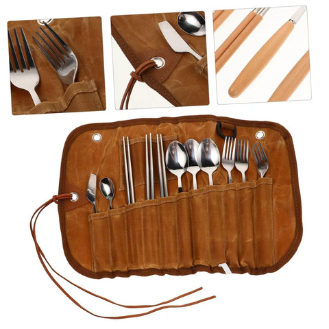 Outdoor Dining Kit Stainless Steel Camping Tableware Set with spoons, forks, knives in a portable brown pouch
