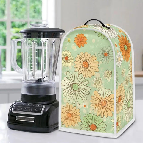 Cute Green Daisy Print Blender Dust Cover with Fingerprint Protection on kitchen counter next to black blender
