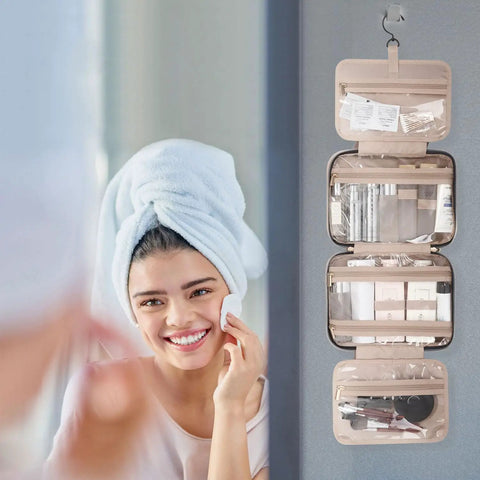 Ultra Large Toiletry Organizer Bag With Hook Water Resistant Travel Cosmetic Case Big Capacity Dopp Kit hung on bathroom wall