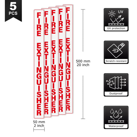 Five Pack Fire Extinguisher Signs 20x2 Inches Self Adhesive Waterproof Vinyl Decals For Cabinets Vehicles Boats Equipment Home And Office Use Must Have Industrial Grade Weatherproof Quick Peel shown in red and white with protection features