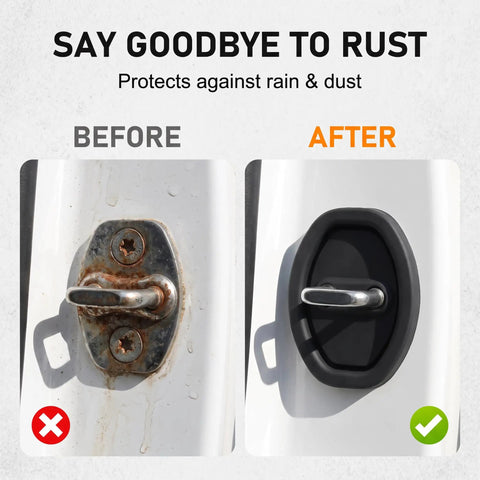 Before and after of Built Damn Solid Black Silicone Door Latch Cover Kit, showing rusted latch vs. protected latch.