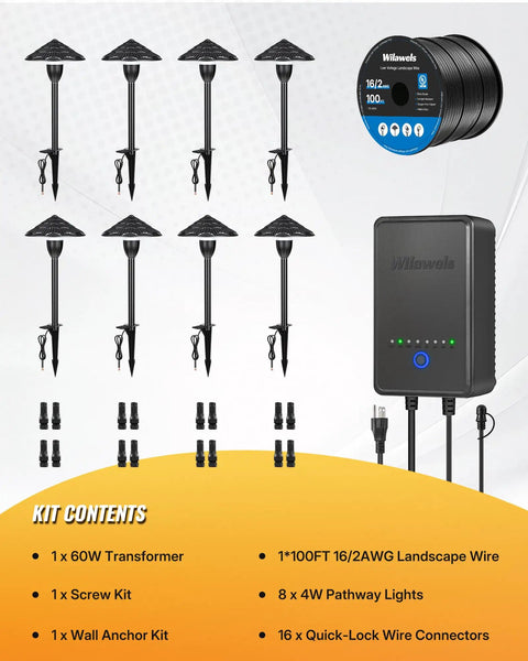 All In One LED Low Voltage Landscape Lighting Kit With Eight Pathway Lights And Transformer One Hundred Foot Wire And Connectors