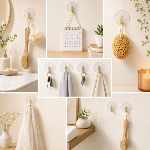 10 Pack Invisible Adhesive Wall Hooks With Chic Gold Shell Design Waterproof Heavy Duty Strong Hold For Bathroom Shower Kitchen Organization Easy Install Straight Up Game Changing Setup displayed with a variety of items like towels and keys.