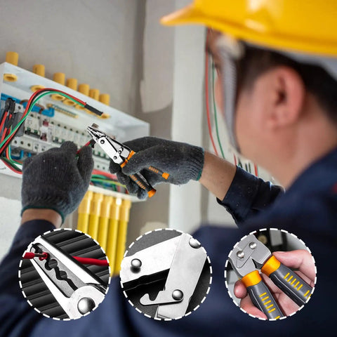 Heavy Duty Wire Stripper And Diagonal Cutting Pliers Real Workhorse Dual Head Design in use by electrician for wire work.