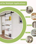 Sliding Barn Door With Shelf Style 48x84 Inches Primed MDF Includes 8ft Hardware Kit For Easy Mount Farmhouse Look You Can Paint DIY Ready Assembly Required in a home setting showing multiple room uses