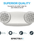 12 Pack LED Emergency Light Fixtures Boasting Rock Solid Battery Backup And Iconic Bug Eye Lenses Compact US Standard Shape ceiling mount with two round lenses.