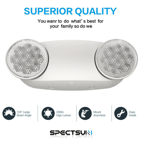 12 Pack LED Emergency Light Fixtures Boasting Rock Solid Battery Backup And Iconic Bug Eye Lenses Compact US Standard Shape ceiling mount with two round lenses.