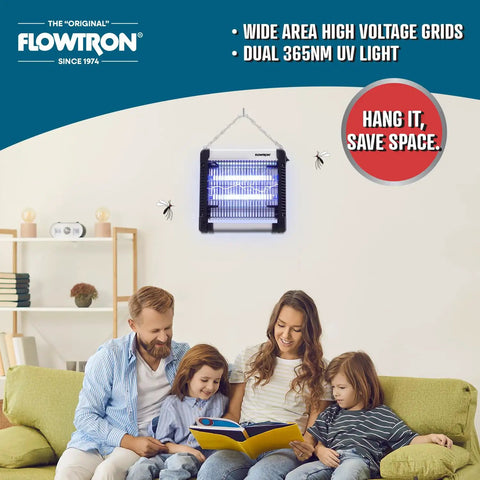 Indoor Bug Zapper Killer With 3000 Volt Non Clogging Grid And 300 Sq Ft Coverage Dual 6W UV Bulbs hanging on wall in living room