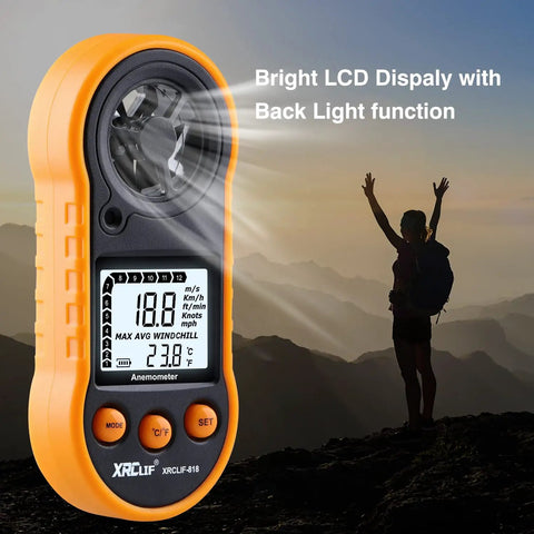 Handheld Wind Speed Meter Anemometer For Windsurfing Fishing Hunting And More Pro Grade Accurate Wind Gauge With Wind Chill And Temperature Readout 12 Beaufort Levels Celsius Fahrenheit Switch Max Min, orange LCD display