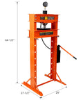 Heavy Duty Hydraulic Shop Press, Badass 30 Ton H-Frame Rig, orange steel frame with pressure gauge for automotive repairs.