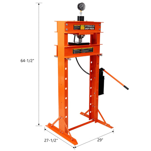 Heavy Duty Hydraulic Shop Press, Badass 30 Ton H-Frame Rig, orange steel frame with pressure gauge for automotive repairs.
