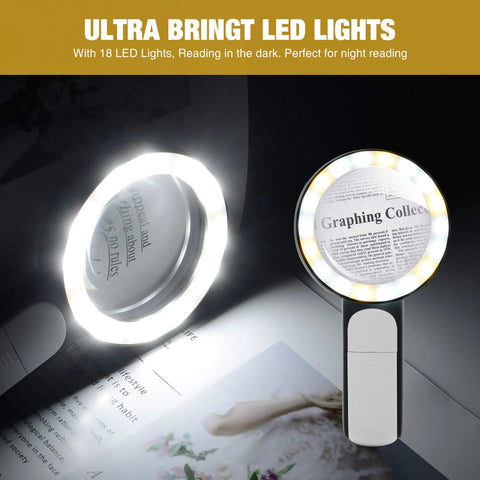 Handheld Magnifying Glass With Light 18 LED Light Three Modes Ultra Bright For Seniors Reading Coins Jewelry And Small Print