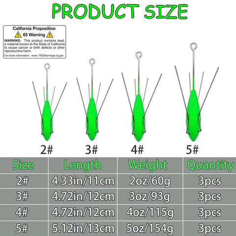 Product size chart showing Three Piece Lead Sinker Set For Surf Fishing And Saltwater Casting, 2 Oz To 5 Oz Long Tail Spider Sinkers