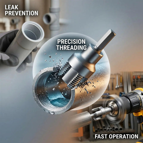 Heavy Duty Carbon Steel Pipe Thread Repair Kit For 1/2 And 3 4 Inch Pipes With Sealing Tape Includes Internal And External Tools For Plastic PVC PPR Water Lines Compatible With Electric Drills Made To Fix Leaks Fast, drill threading pipe