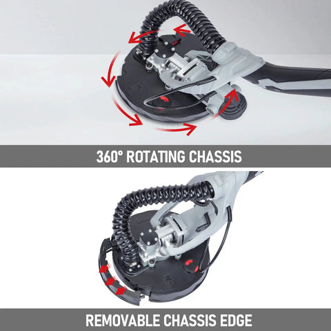 Powerful 710W Drywall Sander With LED Light And Variable Speed 800 To 1800 RPM showing 360-degree rotating chassis and removable edge