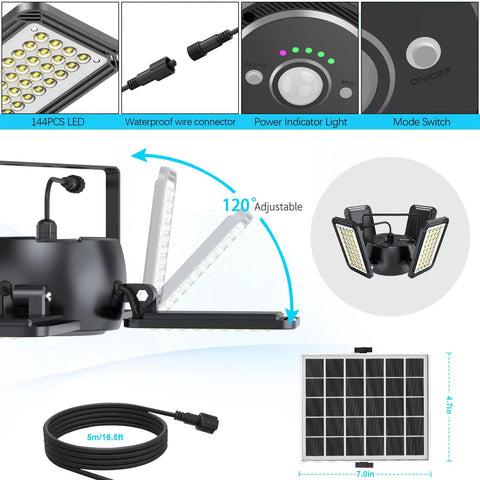 Heavy Duty Solar Shed Lights With Four Bright Heads Offering 1200 Lumens And Kickass Motion Sensor Detection Plus Remote Control For Weatherproof Outdoor Security Yard Barn And Driveway Illumination In A Two Pack with adjustable heads and solar panel.