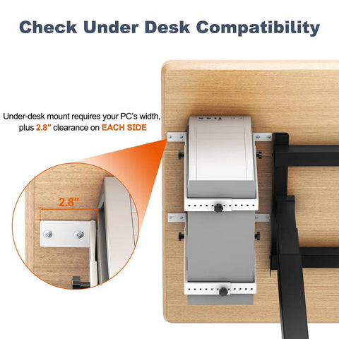 Transform Your Battle Station With This Rock Solid Under Desk PC Mount Bracket showing 2.8" clearance for mid and mini tower compatibility.