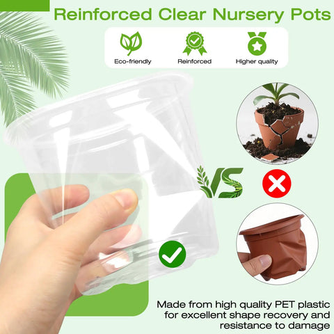 Reinforced Clear Nursery Pots With Drainage Trays, 25 Pack Plastic Pots For Plants, ideal for indoor gardening.