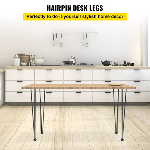 Beefy Hairpin Table Legs 28 Inch Black Set Of 4 installed on a wooden desk in a modern kitchen setting