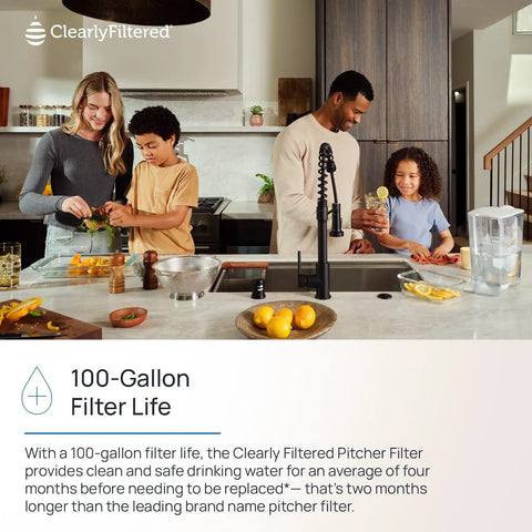 Family using Ultimate Water Pitcher With Advanced Filtration That Tackles 365 Plus Contaminants in modern kitchen