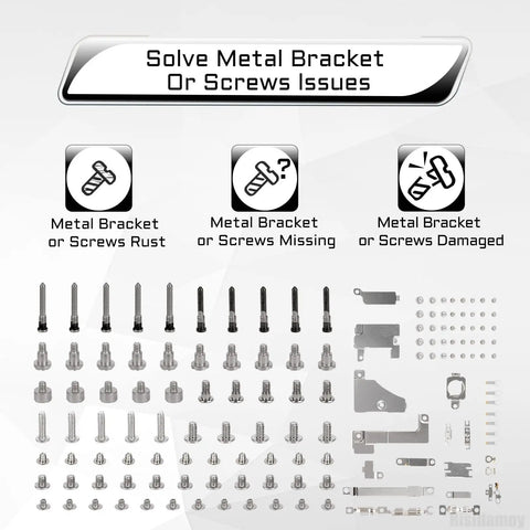 Smooth Swap Hardware Fix For iPhone 15 Packing A Full Screw Set And Rugged Metal Bracket Replacement Plate For No Hassle Click Install On A2846 A3089 A3090 A3092 Devices parts layout showing screws and metal brackets in multiple sizes.