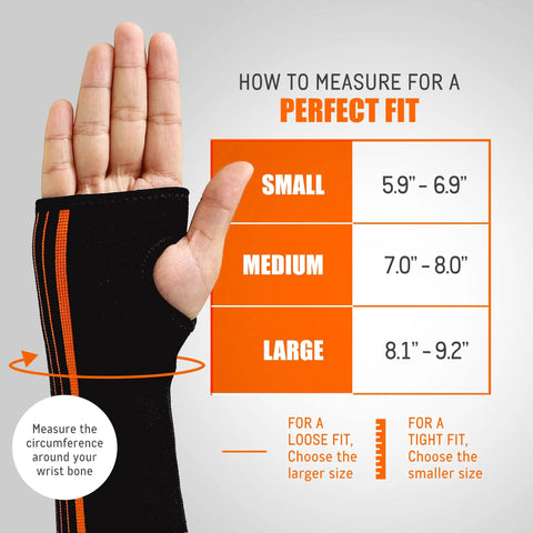 Size guide for forearm and wrist brace for carpal tunnel relief and workout recovery, showing small, medium, and large measurements.