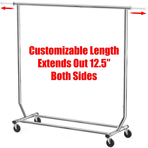 Sturdy Workhorse Commercial Grade Garment Rack With Heavy Duty Steel Construction Extends From 50 To 75 Inches Holds Up To 250 Lbs Chrome Finish Adjustable Hanging Rod For Home Office Or Studio Use.