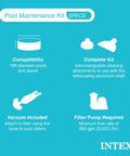 Deluxe Above Ground Pool Maintenance Kit With Vacuum For 800 GPH Flow Rate specs and features diagram.