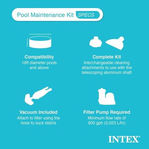 Deluxe Above Ground Pool Maintenance Kit With Vacuum For 800 GPH Flow Rate specs and features diagram.