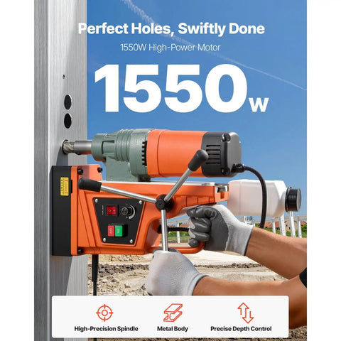 Heavy Duty 1550W Magnetic Drill Press With Powerful 2 Inch Core Bit And 13000N Holding Force For Steel Iron Metals Low Speed 0-550 RPM Reliable Copper Motor Base Stable Performance Jobsite Essential Tool in use, drilling into metal.
