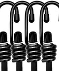 Heavy Duty 24 Inch Bungee Cords With Hooks Pack Of 4 Black Built Tough Industrial Grade Outdoor Tie Downs For Bikes Camping Cars And Gear Securing Cargo Travel Luggage Boats Trucks And More, showing front view of bungee hooks with coiled ends.