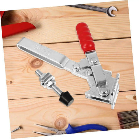 Two Piece Welding Fixed Toggle Clamps With Rubber Tips Pro Grade Heavy Duty Metal Hold Down Clamps on wooden surface