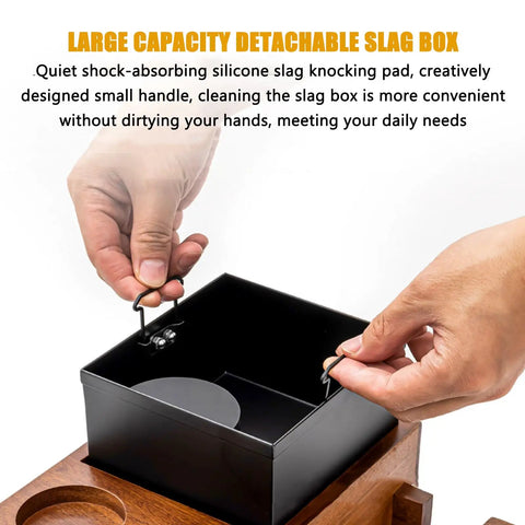 Hands removing the detachable slag box from Heavy Duty Espresso Organizer Station With Kickass Knock Box And Precision Tamping Station.