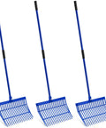 Three Piece Set Heavy Duty Manure Fork With Long Metal Handles Muck Rake For Stall Cleanup And Garden Work Built Tough For Horse Stalls Hay Bales Blue, showing three blue forks with long handles