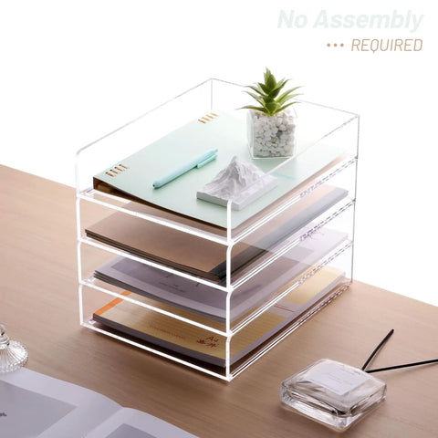 Clear Acrylic 4 Tier Stackable Desk Organizer Trays For A4 And Letter Papers Files Folders And Office Supplies Modular Desktop Storage Shelf For Home And Office Organization Keeps Your Desk Setup On Point.