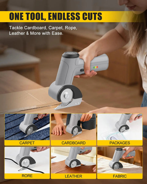 Selumie 2026 New Cordless Electric Scissors, 4V Rechargeable Cardboard Cutter For Carpet, Cardboard, Rope, Leather in use.