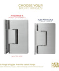 Comparison of heavy duty and classic shower door hinges, featuring Heavy Duty 90 Degree Shower Door Hinge In Brushed Nickel